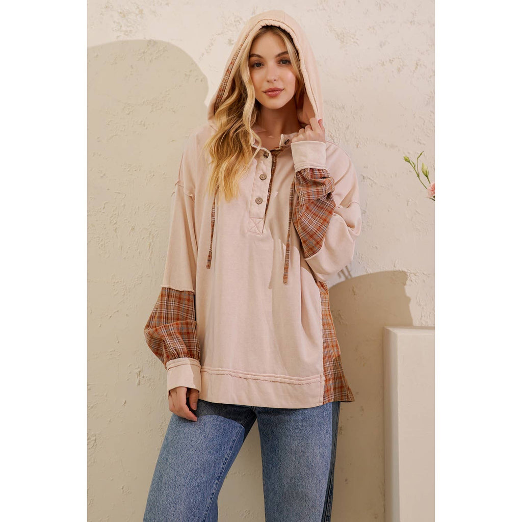 Sage + Fig - PLAID MIXED-MEDIA HOODIE PULLOVER