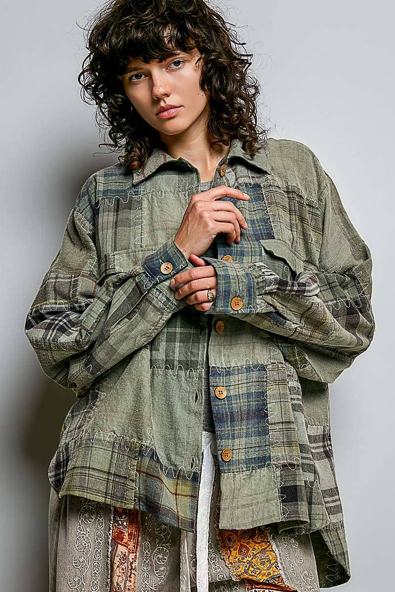 Pol Clothing - Vintage Oversized Plaid Patchwork Button-Up Shirt Top
