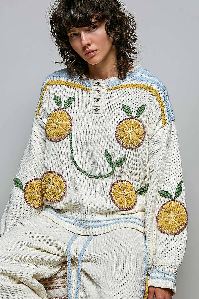 Pol Clothing - 3D Embroidery Long Sleeve Cozy Pullover Berber Sweater