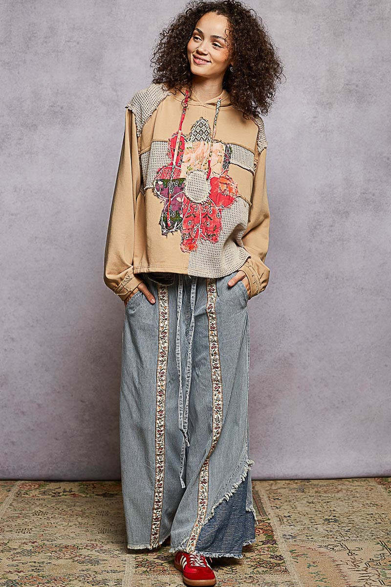 Pol Clothing - Long sleeve French terry printed flower patch knit top