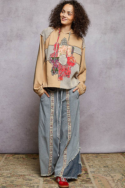 Pol Clothing - Long sleeve French terry printed flower patch knit top