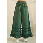 RUFFLE TRIM POCKET MINERAL WASH WIDE LEG PANTS