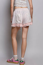 Pol Clothing - Boho Floral Knit Waistband Lace Patch Ruffle Shorts