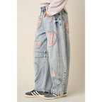 PLAID HEART PATCH BARREL LEG JEANS