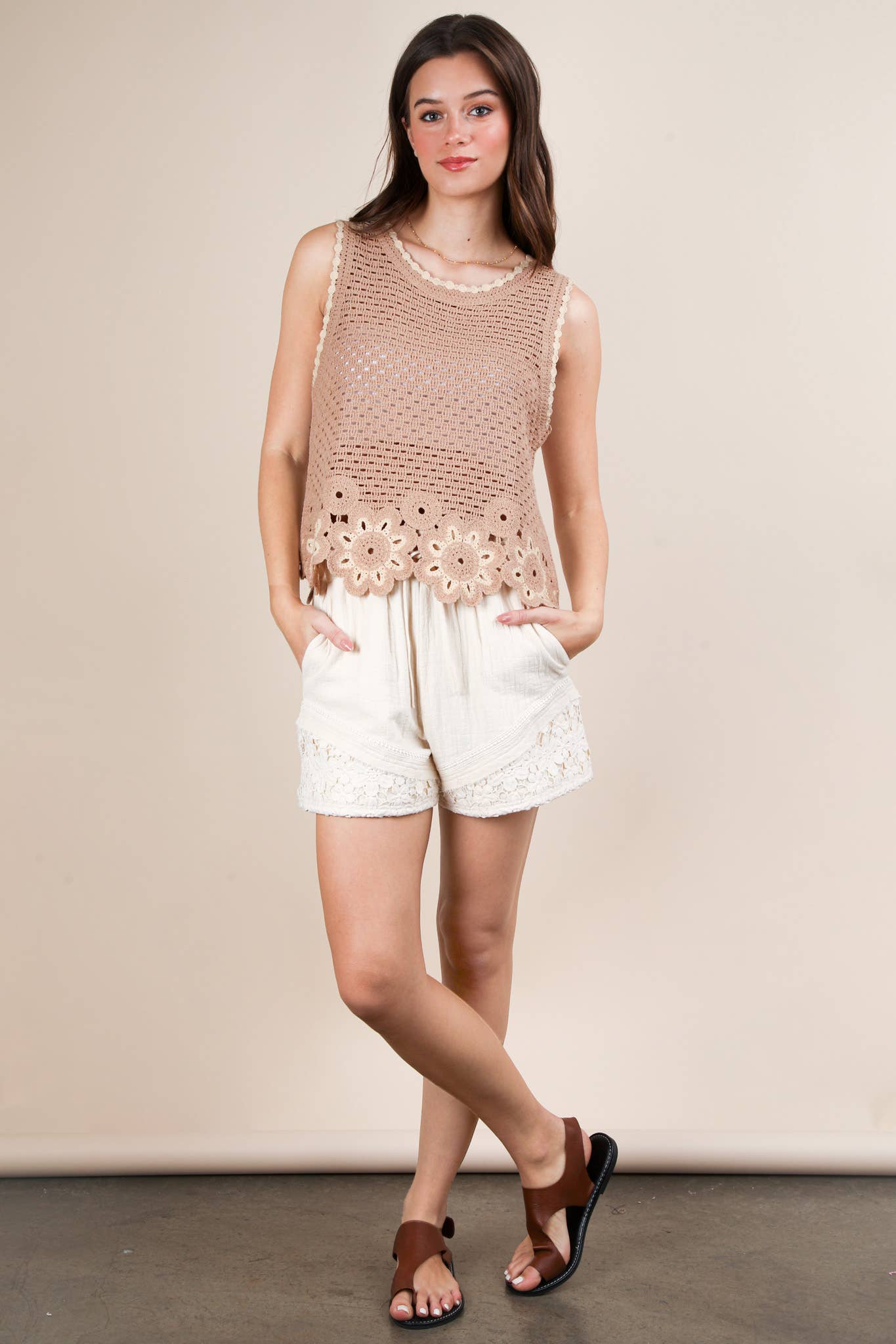 VERY J - NT12140-Floral Trim Detail Crochet Top