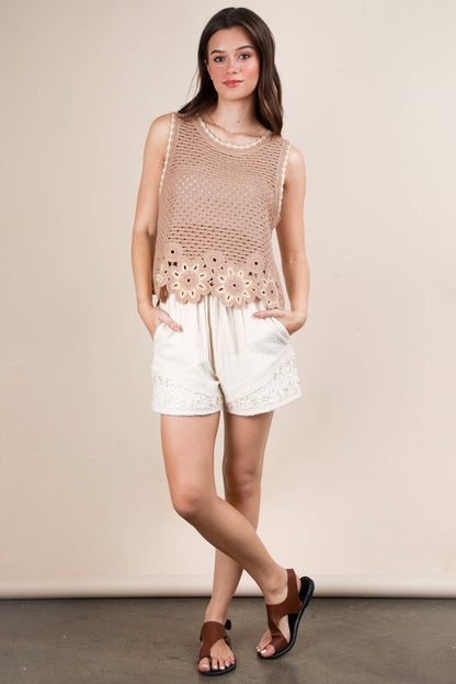 VERY J - NT12140-Floral Trim Detail Crochet Top