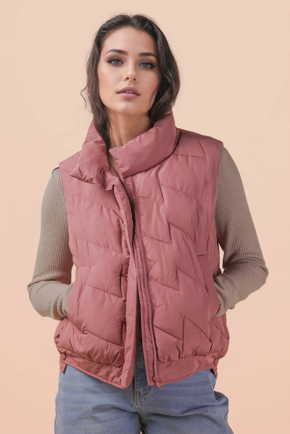 Bermie Mock Neck Casual Zigzag Quilted Puffer Vest