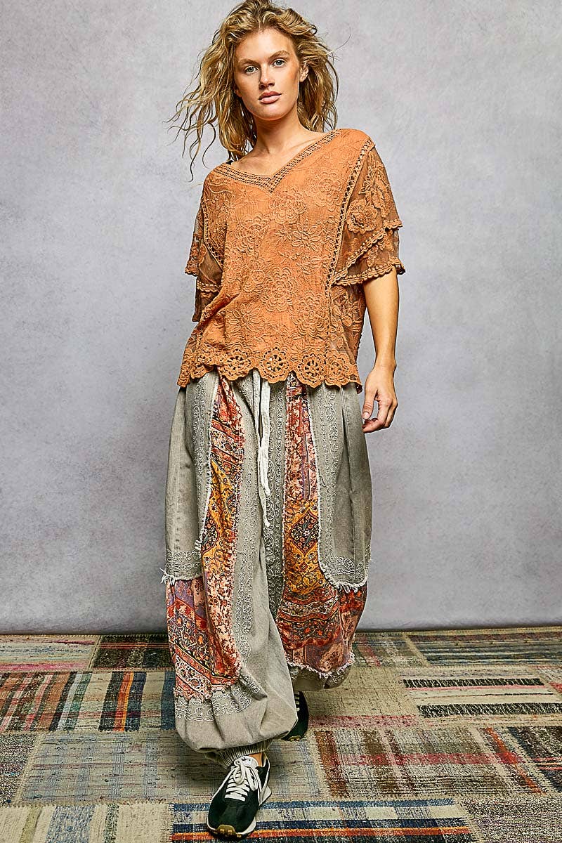 Pol Clothing - V-neck Short Sleeve Crochet Trim Solid Top