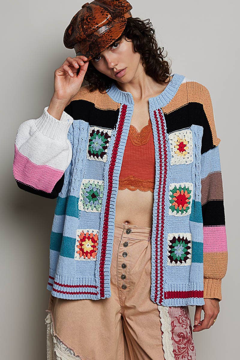 Pol Clothing - Handmade Patchwork Striped Chenille Sweater Open Cardigan