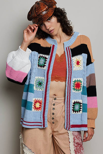 Pol Clothing - Handmade Patchwork Striped Chenille Sweater Open Cardigan