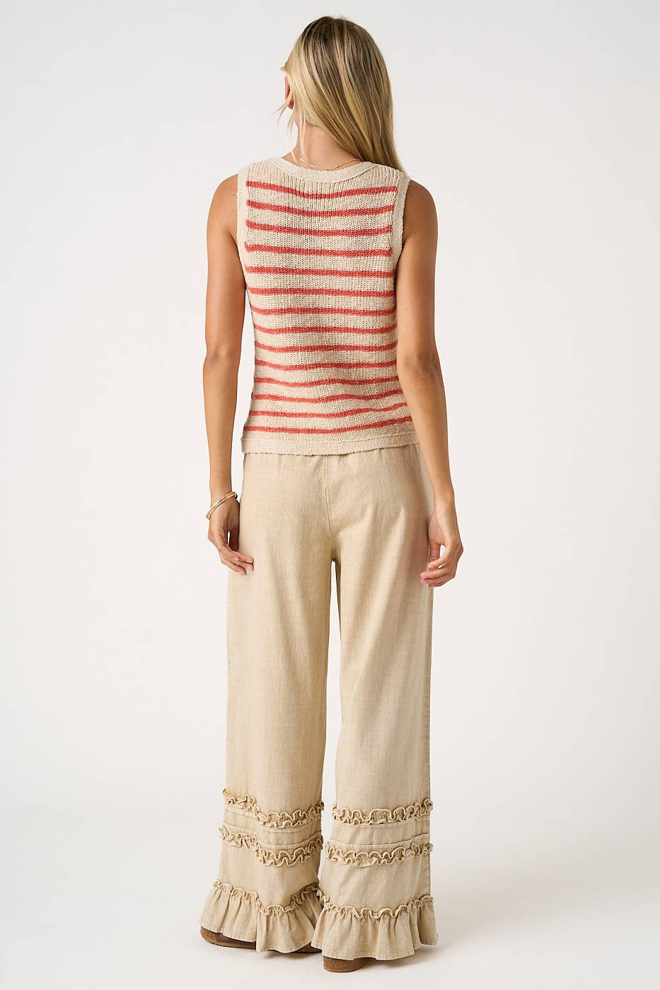 RUFFLE TRIM POCKET MINERAL WASH WIDE LEG PANTS