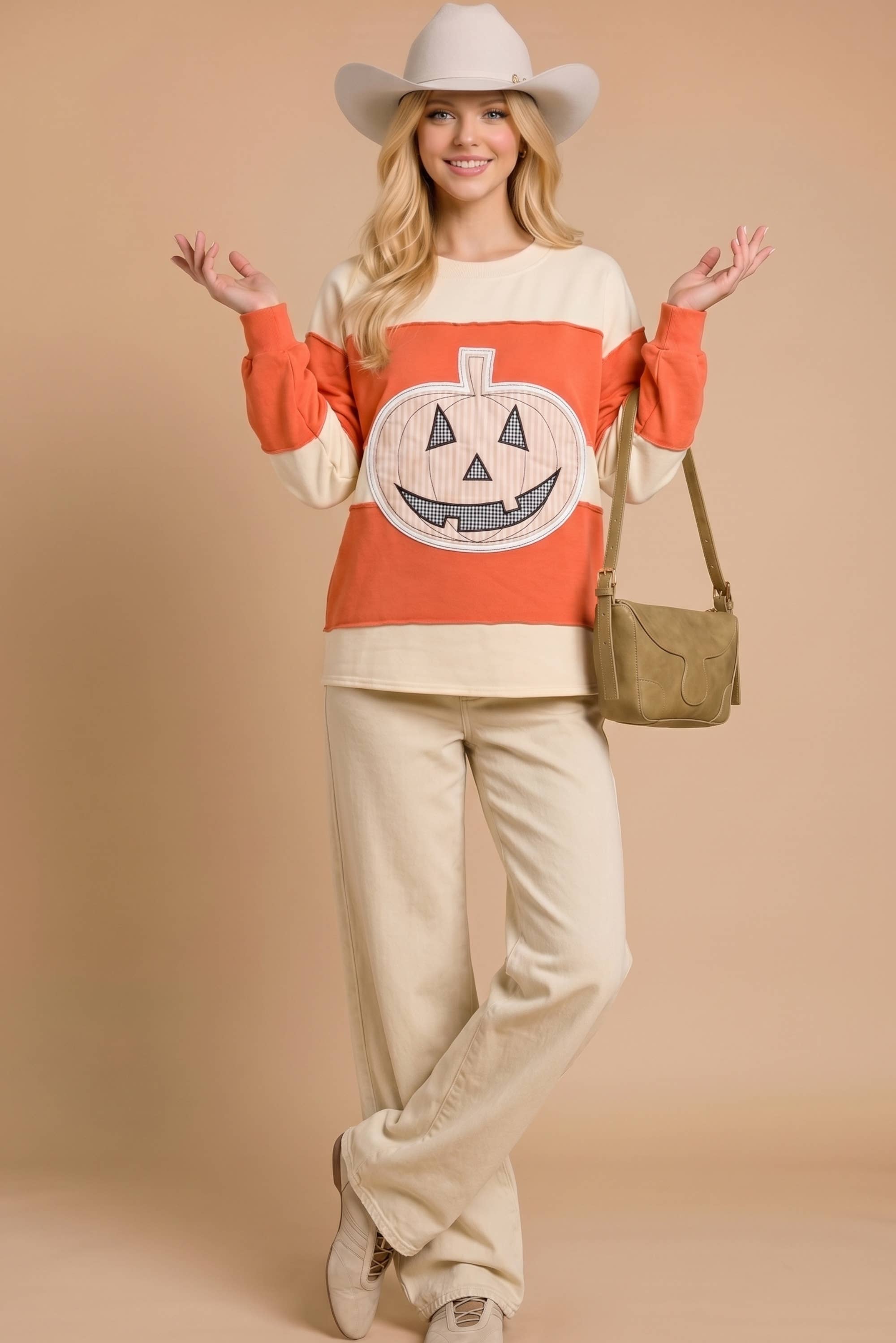 Main Strip - Pumpkin Appliqué Color Block Pullover