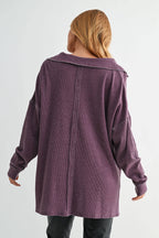 Cotton Blend Waffle Knit Oversized Collared Long Sleeve