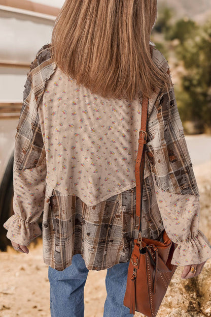 fashionworks - Boho Distressed Detail Ruffled Sleeve Waffle Knit Shacket