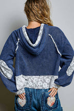 Pol Clothing - Cropped Balloon Sleeves Thermal Knit Lace Casual Hoodie