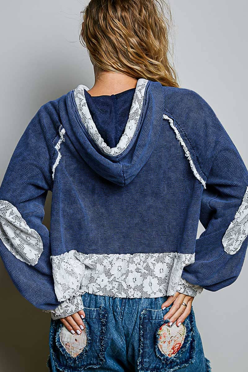 Pol Clothing - Cropped Balloon Sleeves Thermal Knit Lace Casual Hoodie
