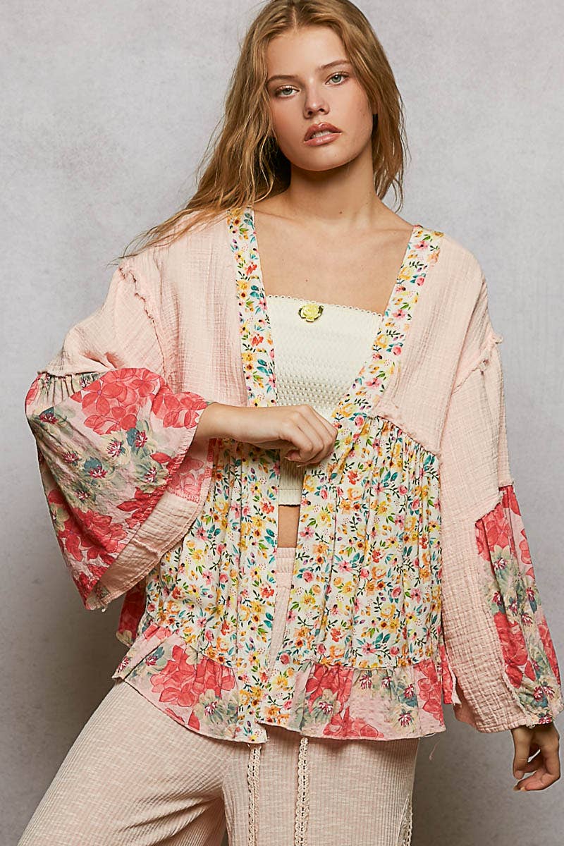 Pol Clothing - Double Gauze Floral Roomy Fit Open Cardigan with V-Back