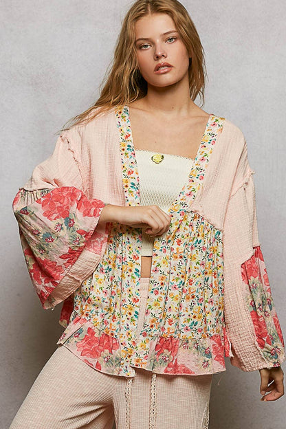 Pol Clothing - Double Gauze Floral Roomy Fit Open Cardigan with V-Back