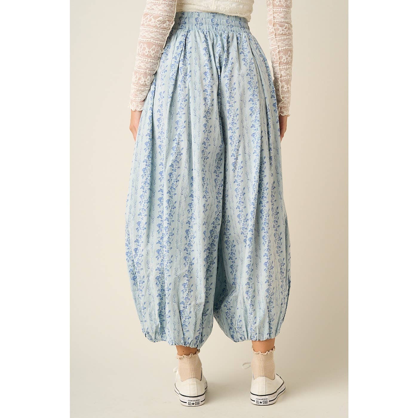 FLORAL PRINT PLEATED BALLOON LEG PARACHUTE PANTS