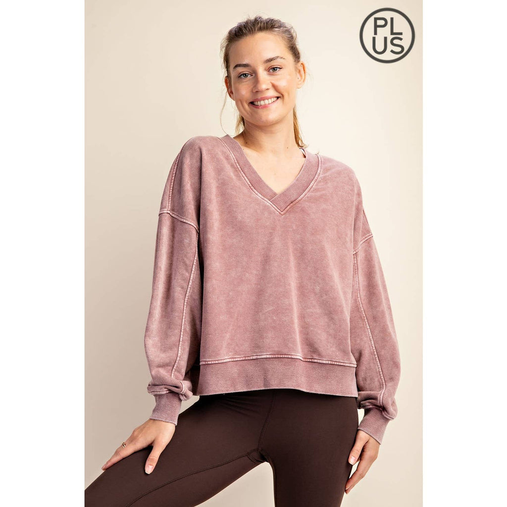 PLUS SIZE MINERAL WASHED FRENCH TERRY V-NECK PULLOVER Rae Mode