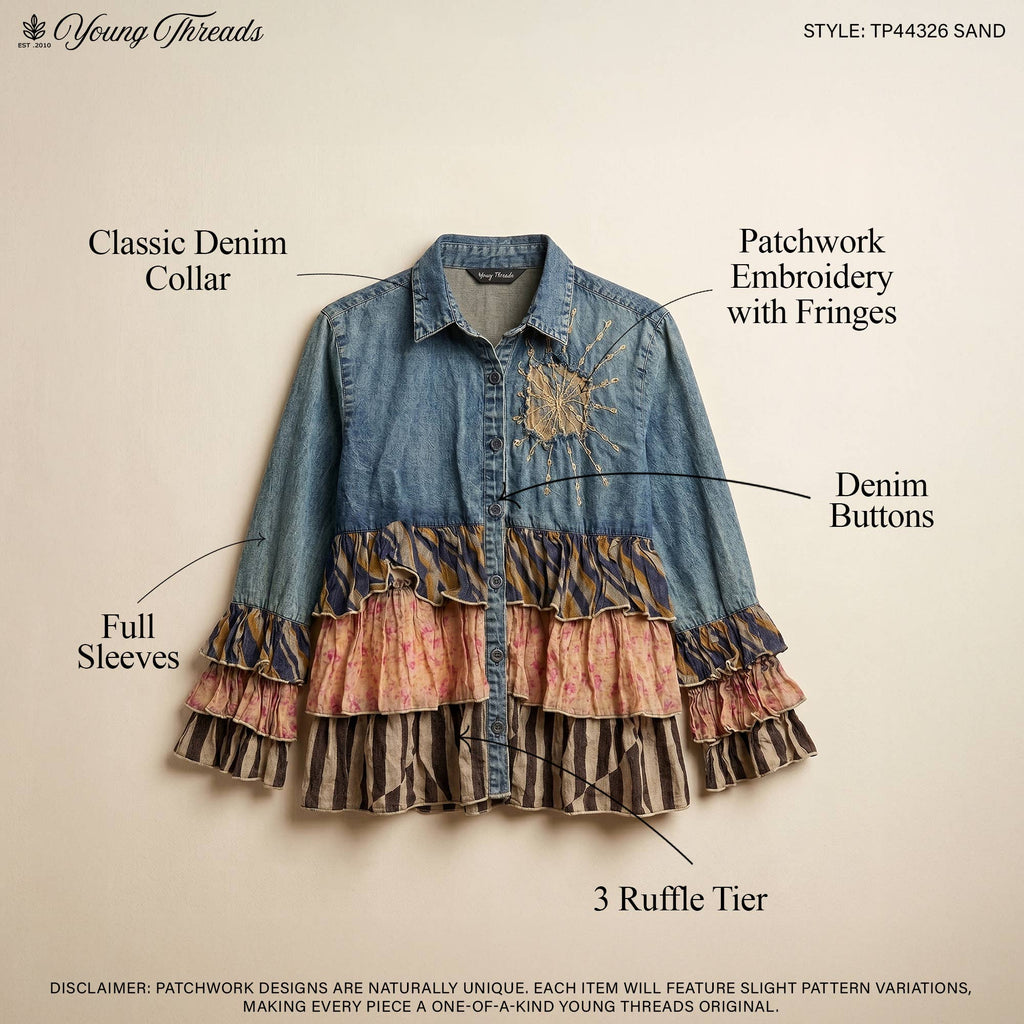 Young Threads - Vintage Boho Denim Yoke Patchwork Tiered Tunic Top  NEW