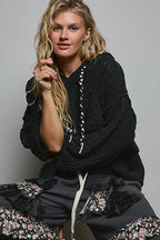 Pol Clothing - Oversize Fit V-neck Hooded Cable Knit Chenille Sweater SALE