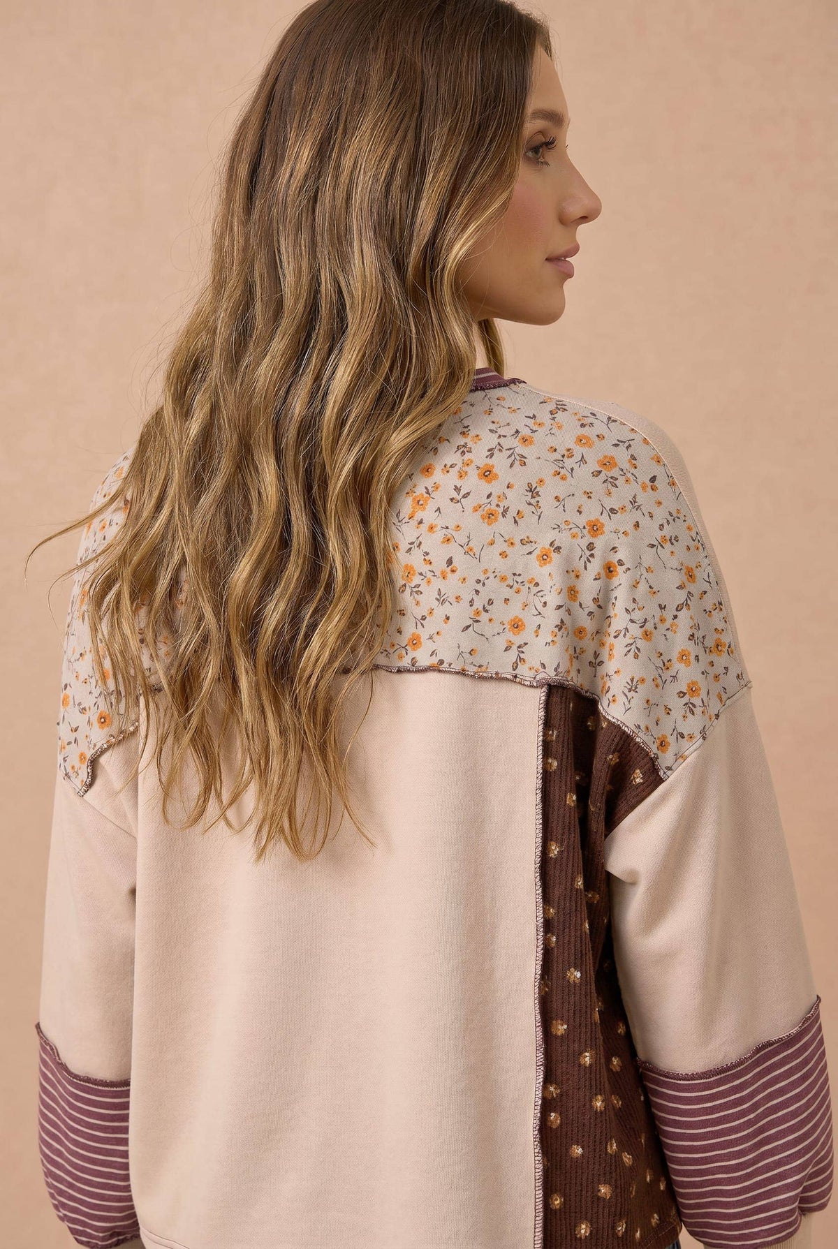 Haptics - Floral Stripe Color Block Neck Buttoned Top