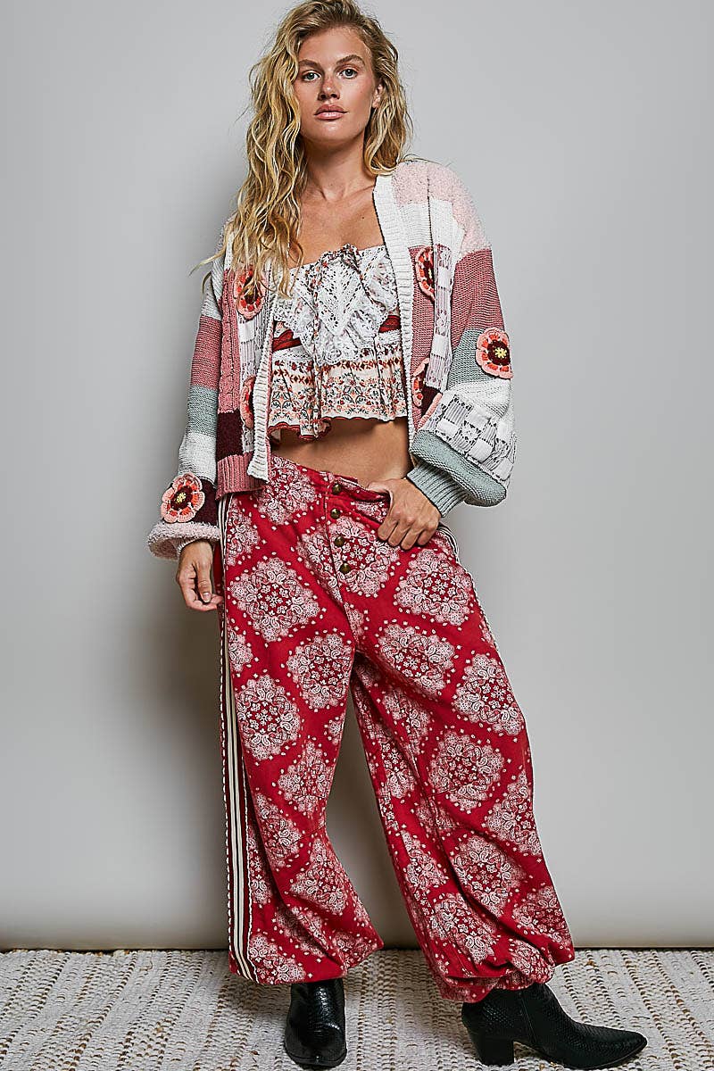 Pol Clothing - Mixed-Texture Patchwork Chenille Knit Crochet Cardigan
