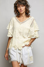 Pol Clothing - V-neck Short Sleeve Crochet Trim Solid Top