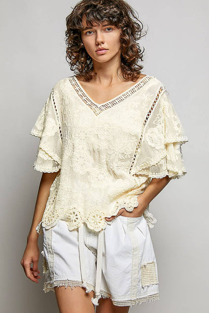 Pol Clothing - V-neck Short Sleeve Crochet Trim Solid Top
