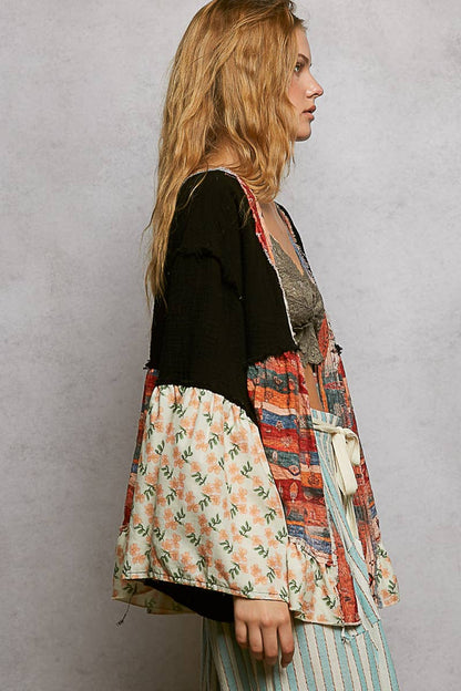 Pol Clothing - Double Gauze Floral Roomy Fit Open Cardigan with V-Back