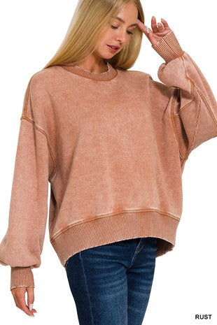 ACID WASH FLEECE OVERSIZED PULLOVER FUSCHIA
