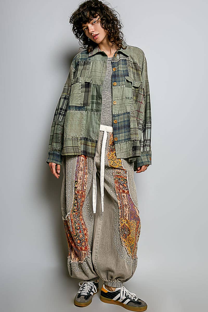 Pol Clothing - Vintage Oversized Plaid Patchwork Button-Up Shirt Top