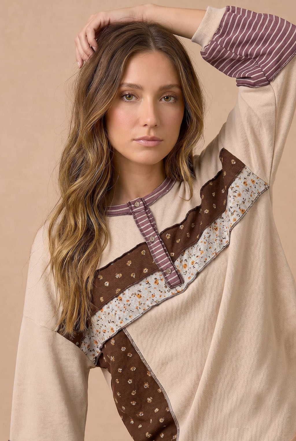 Haptics - Floral Stripe Color Block Neck Buttoned Top