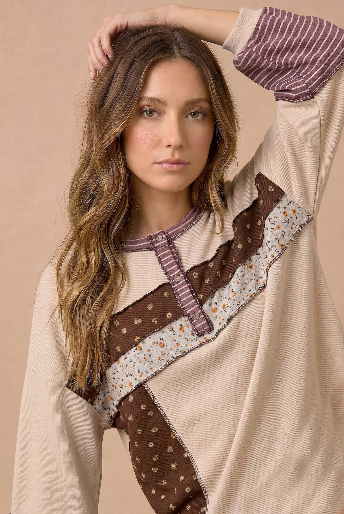 Haptics - Floral Stripe Color Block Neck Buttoned Top