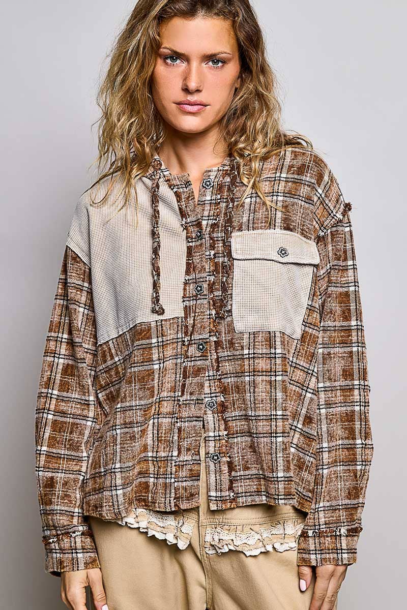 Pol Clothing - Plaid Woven Thermal Patch Floral Patchwork Hoodie Top