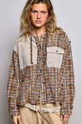 Pol Clothing - Plaid Woven Thermal Patch Floral Patchwork Hoodie Top