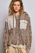 Pol Clothing - Plaid Woven Thermal Patch Floral Patchwork Hoodie Top