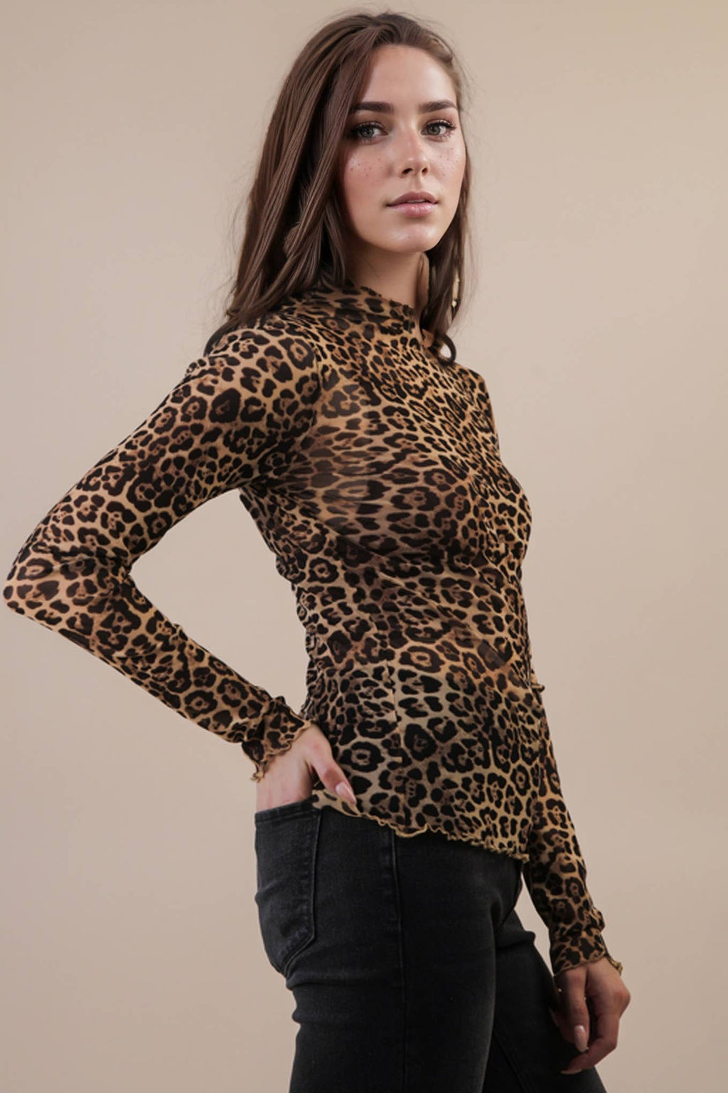 High Neck Fitted Sheer Mesh Lace Knit Top