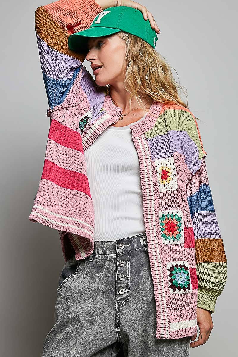 Pol Clothing - Handmade Patchwork Striped Chenille Sweater Open Cardigan