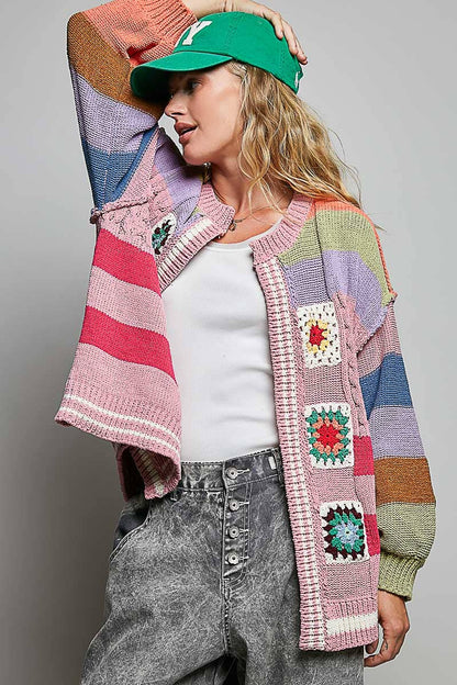 Pol Clothing - Handmade Patchwork Striped Chenille Sweater Open Cardigan