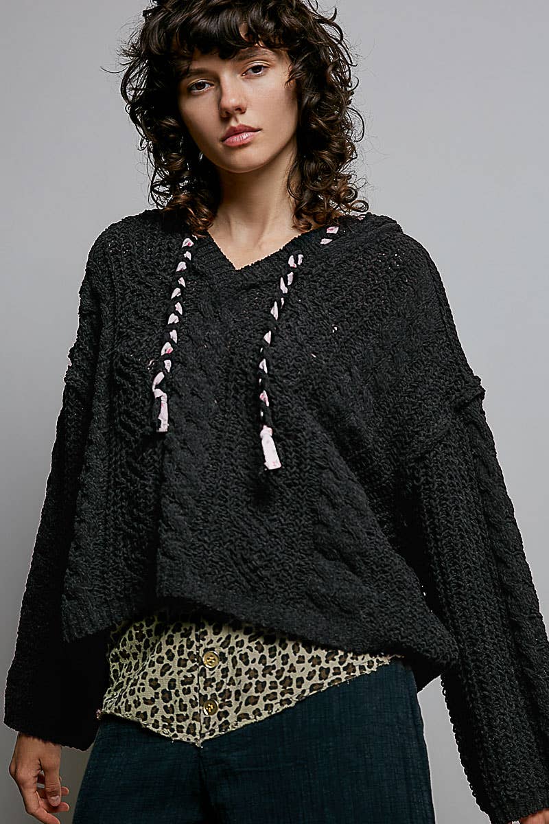 Pol Clothing - Oversize Fit V-neck Hooded Cable Knit Chenille Sweater SALE