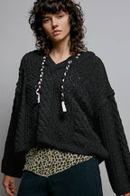 Pol Clothing - Oversize Fit V-neck Hooded Cable Knit Chenille Sweater SALE