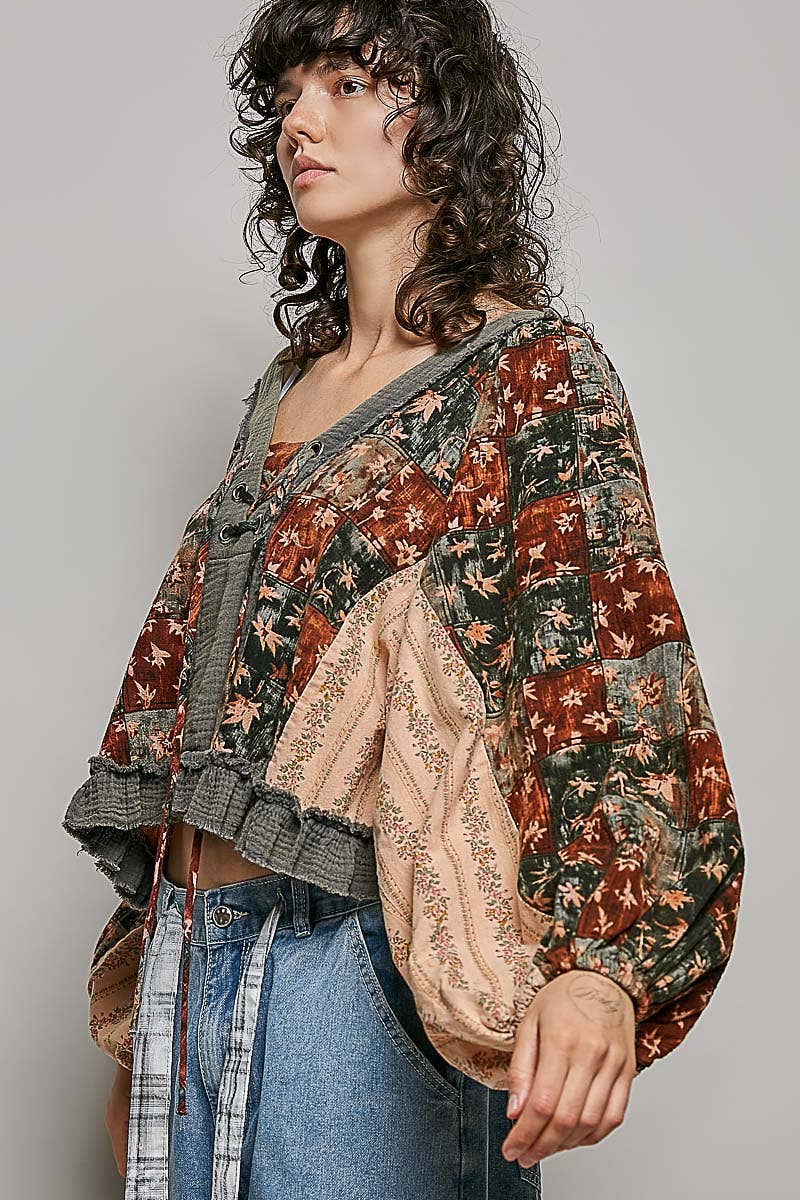 Strawberry V Neck Balloon Sleeve Floral Ruffle Woven Printed Top
