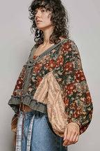 Strawberry V Neck Balloon Sleeve Floral Ruffle Woven Printed Top