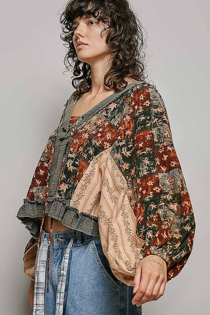 Strawberry V Neck Balloon Sleeve Floral Ruffle Woven Printed Top