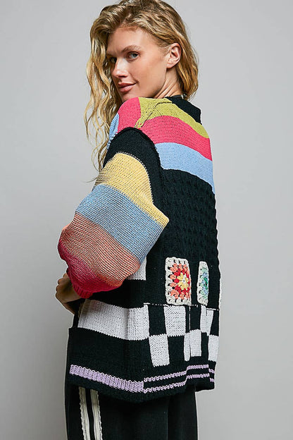 Pol Clothing - Handmade Patchwork Striped Chenille Sweater Open Cardigan