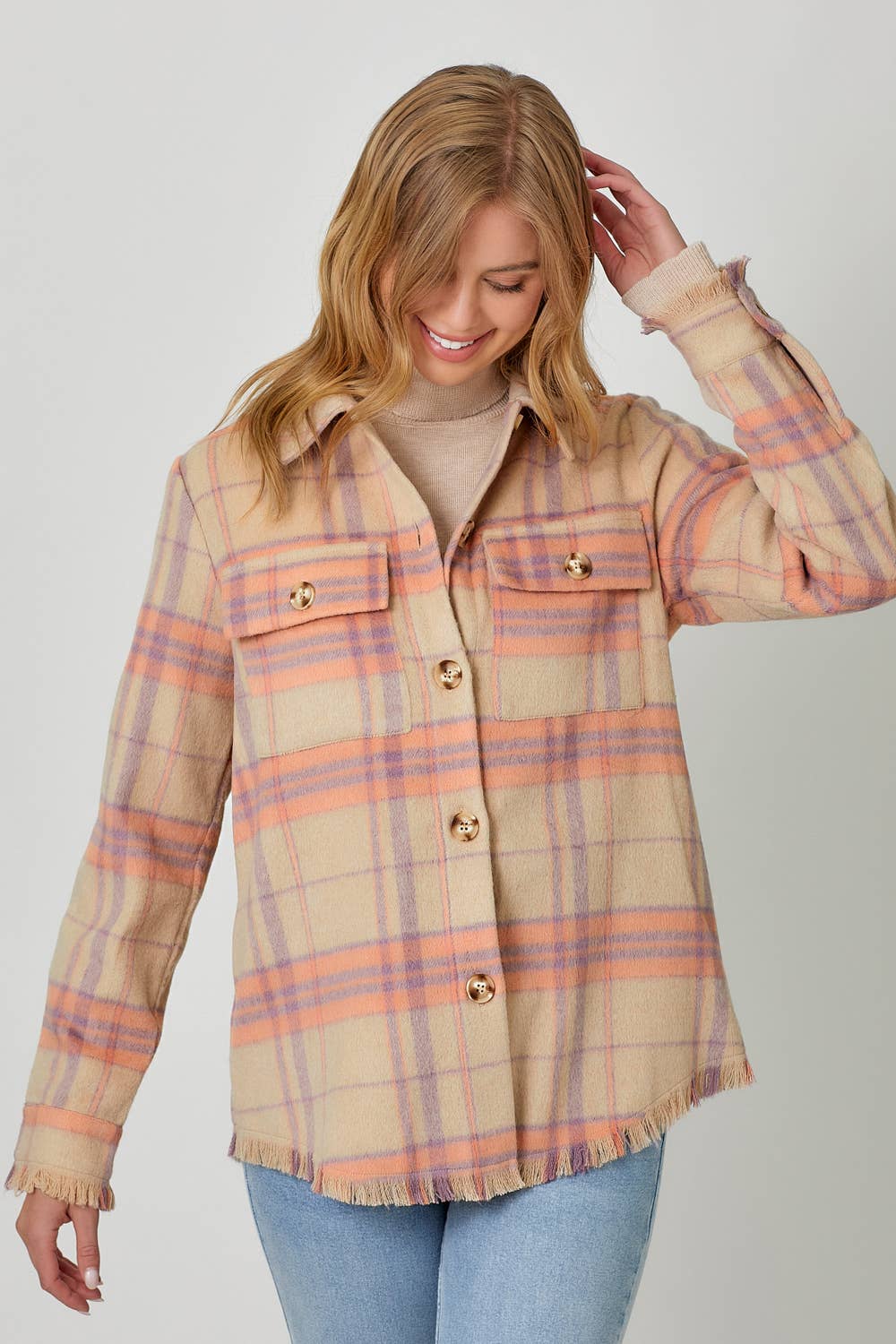 Fringe Detailed Plaid Jacket