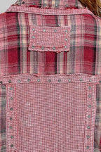 Pol Clothing - Plaid Mixed-Fabric Thermal Patch Studded Raw Edge Shirt