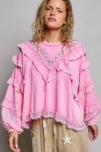 Pol Clothing - French Terry Eyelet Ruffle Vintage Washing Solid Knit Top